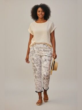 Chico’s Women Printed Crop Pants Black White Novelty Pom Boho Summer Chic Beach